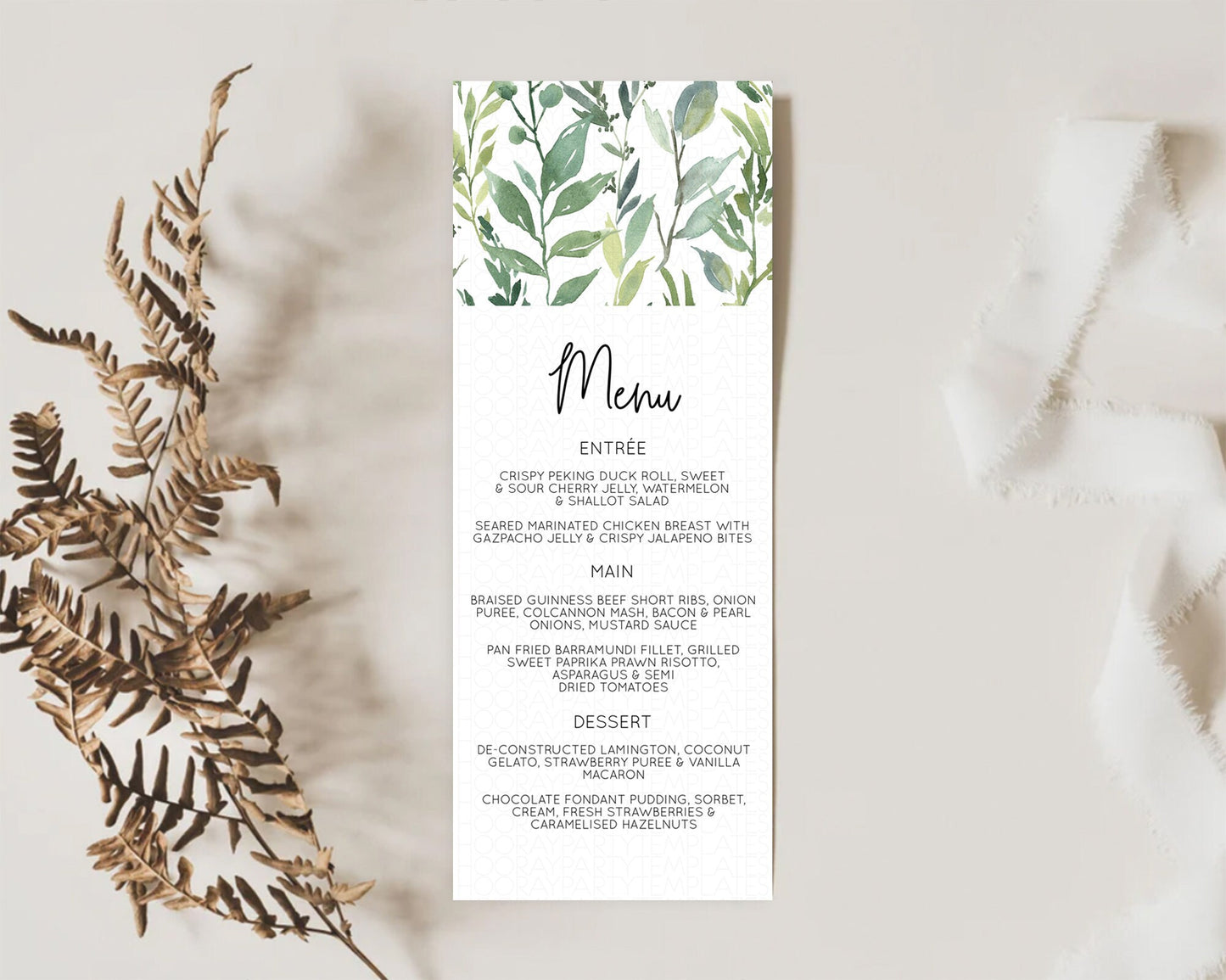 Leafy Menu Green Leaf Menu Template Eucalyptus Fern Leaves Decor Watercolor Boho Garden Leaf Branch Dinner Dessert Party Food Menu D10964