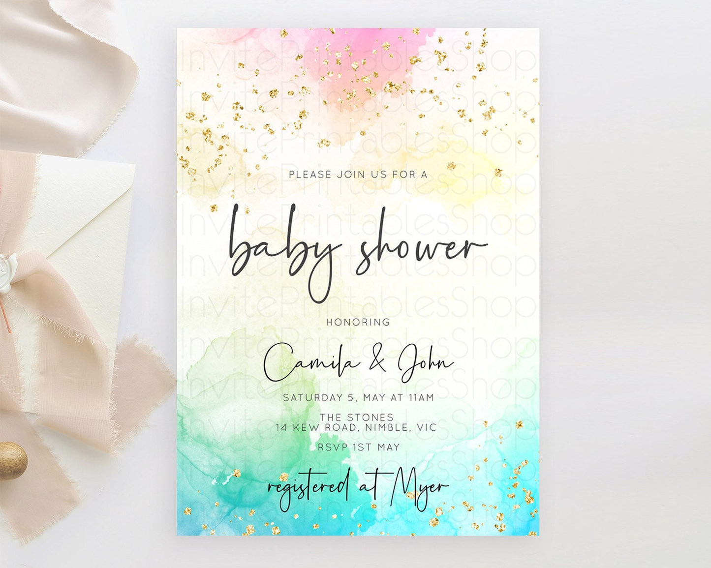 Pastel Baby Shower Invitation Rainbow Baby Shower Invitation Colorful Pastel Watercolor Invitation Gold Glitter Sprinkles Ombre D10151