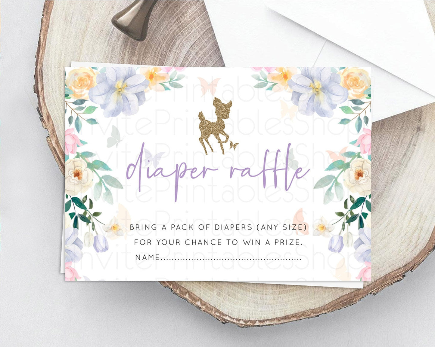 Fawn Diaper Raffle Card Deer Diaper Insert Floral Deer Diaper Ticket Enchanted Forest Butterfly Pastel Baby Shower Raffle Game D10477