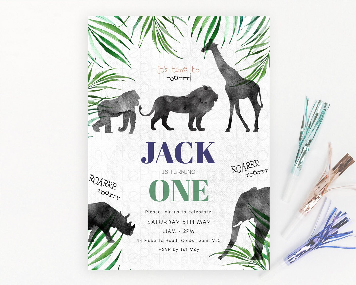 Safari Birthday Invitation Lion Gorilla Elephant Rhino Tropical Palm Jungle Safari Adventure Zoo Party Animal 2nd 1st First Birthday D10839