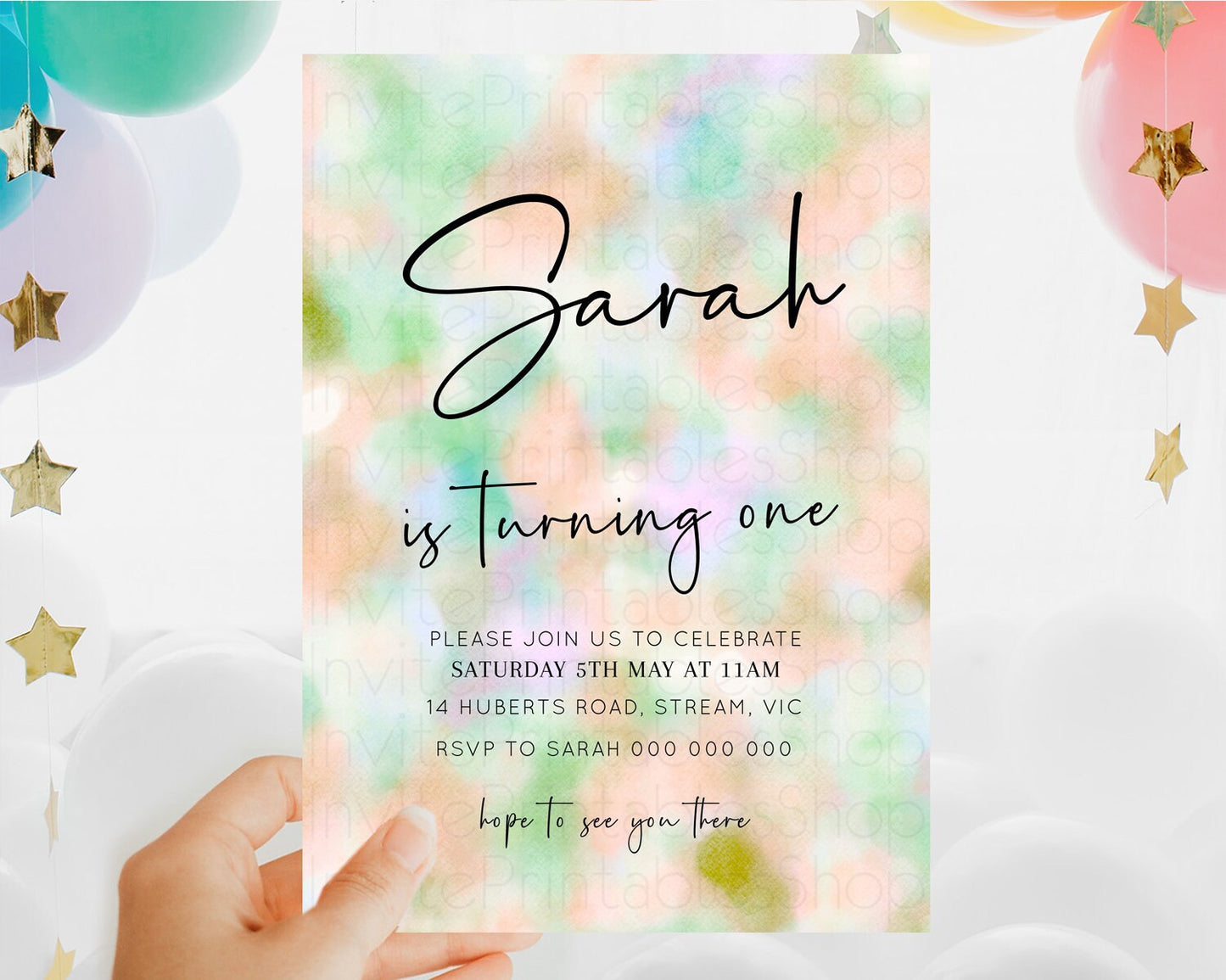 Rainbow Birthday Invitation Colorful Pastel Watercolor Invitation Gold Glitter Sprinkles Ombre Pastel 1st 2nd 3rd Birthday D10693