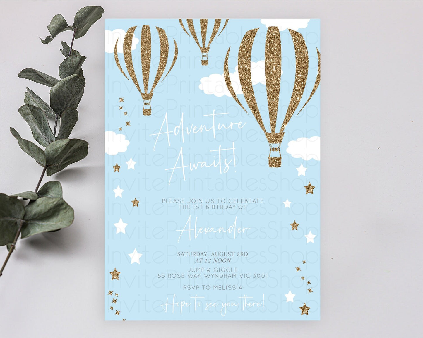 Hot Air Balloon Birthday Invitation Hot Air Balloon Invites Adventure Awaits Up Up & Away Glitter Blue Watercolor 1st Birthday Boy D10332