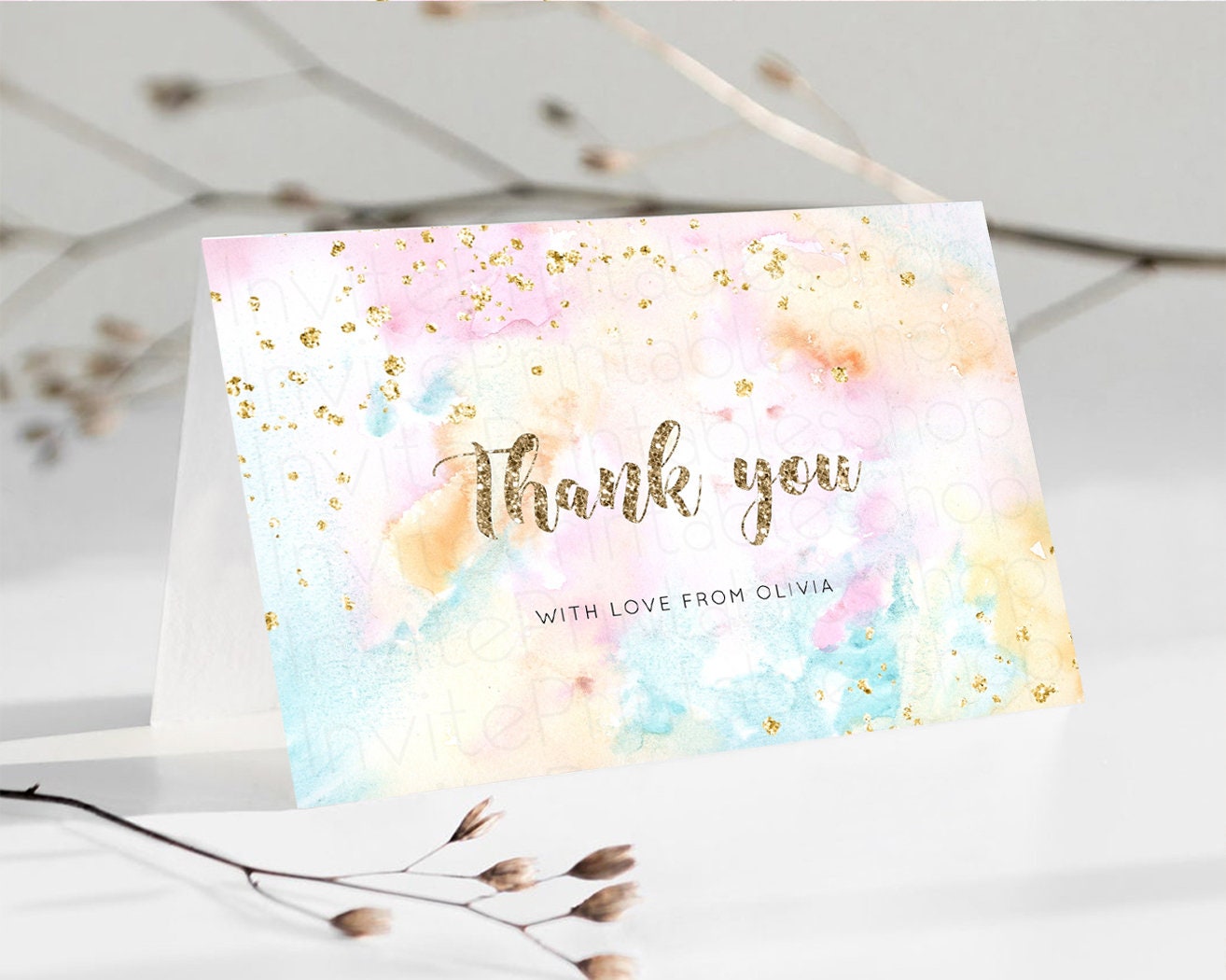 Pastel Rainbow Thank you Colorful Watercolor Folded Gift Cards Custom Note Message Glitter Birthday Engaged Baby Shower Wedding Guests G566