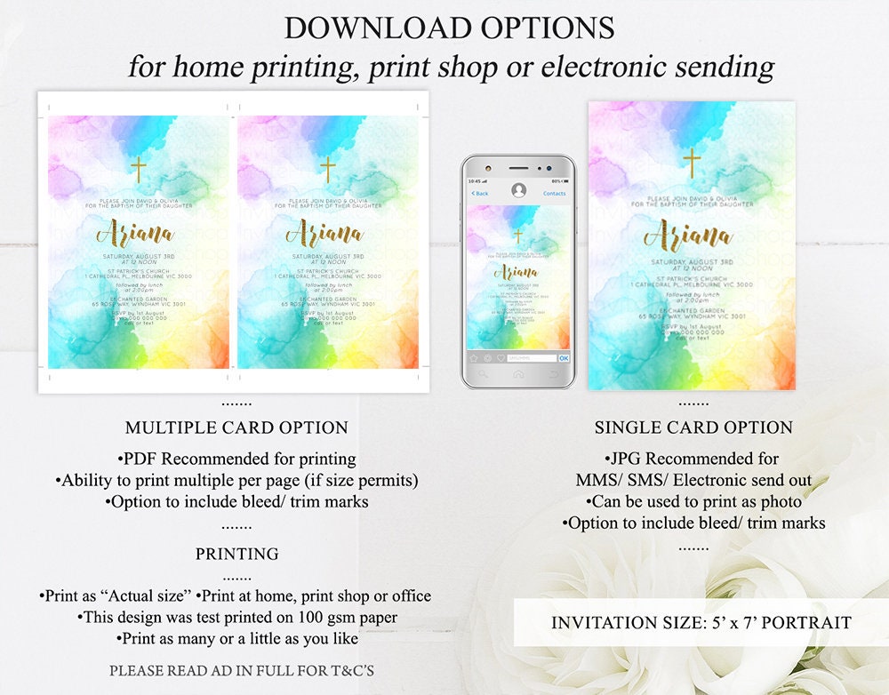 Rainbow Baptism Invitation Pastel Watercolor Christening Invitation Vibrant Colorful Splash Gold Foil Multi Color Communion Orthodox Cross