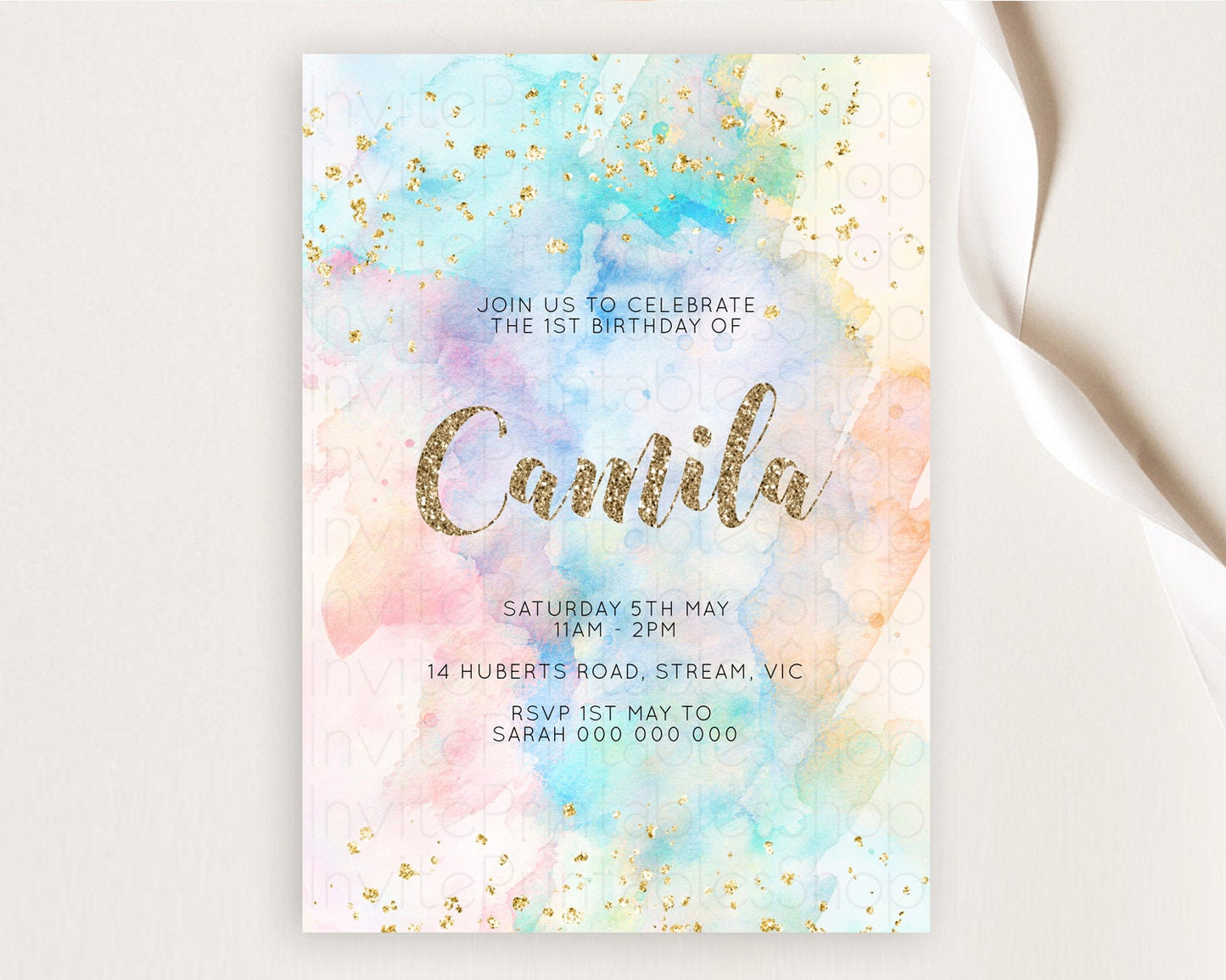 Rainbow Birthday Invitation Colorful Pastel Watercolor Invitation Gold Glitter Sprinkles Ombre Pastel 1st 2nd 3rd Birthday D10261