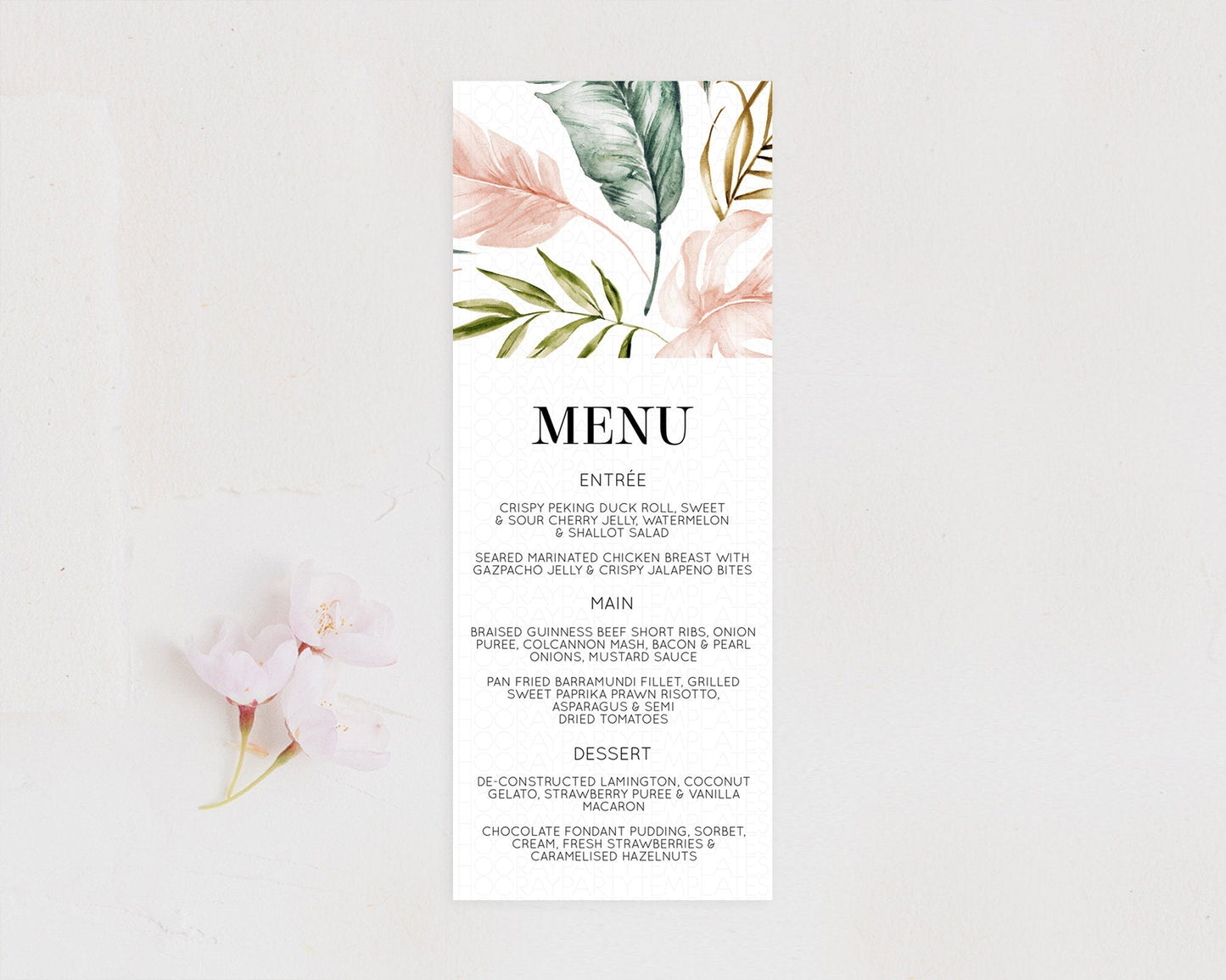 Tropical Menu Template Tropical Menu Palm Leaf Fern Table Decor Frangipani Floral White Orchid Dinner Dessert Menu Party Food Menu D11064