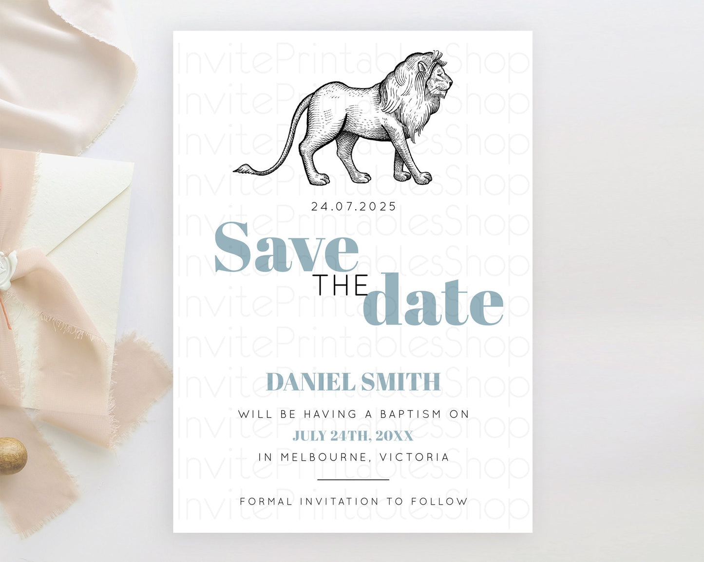 Lion Save The Date Template Lion Safari Adventure Party Dried Palm Ferns Zoo 1st Birthday Baptism Baby Shower Bridal Shower Wedding D10246