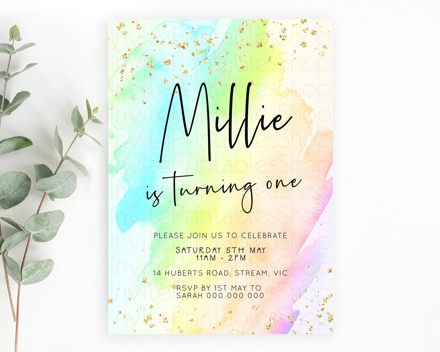 Pastel Birthday Invitation Ombre Watercolor Birthday Invitation Glitter Rainbow Color Splash 1st 2nd 3rd Birthday Invitation D23051