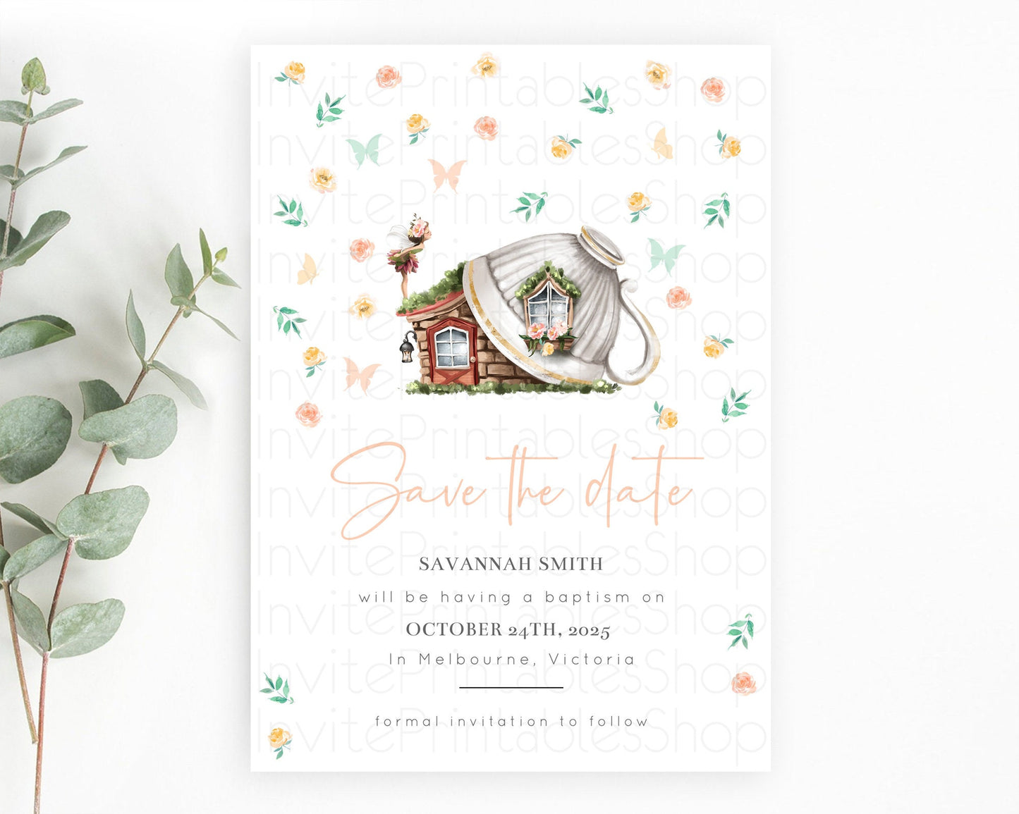 Fairy Save The Date Template Enchanted Garden Pastel Floral Butterfly Party Secret Garden Birthday Baptism Baby Shower Bridal Shower D10383