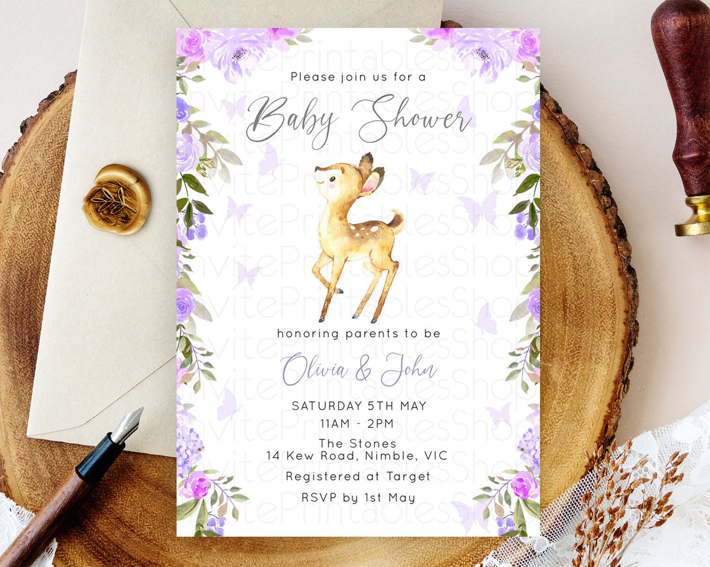 Enchanted Forest Baby Shower Invitation: Secret Garden, Fawn, Deer, Butterfly, Soft Purple Pastel Flowers - Whimsical Woodland Theme D10916