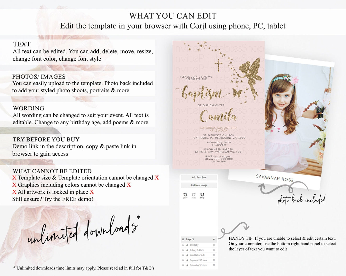 Fairy Baptism Invitation Fairy Baptism 1st Birthday Invitation Enchanted Secret Garden Christening Invite Pastel Floral Butterfly D10899