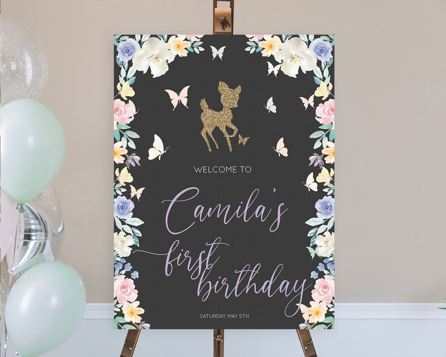 Fawn Welcome Sign Deer Welcome Board Floral Deer Welcome Poster Enchanted Forest Butterfly Pastel Floral First Birthday Welcome Sign D10323