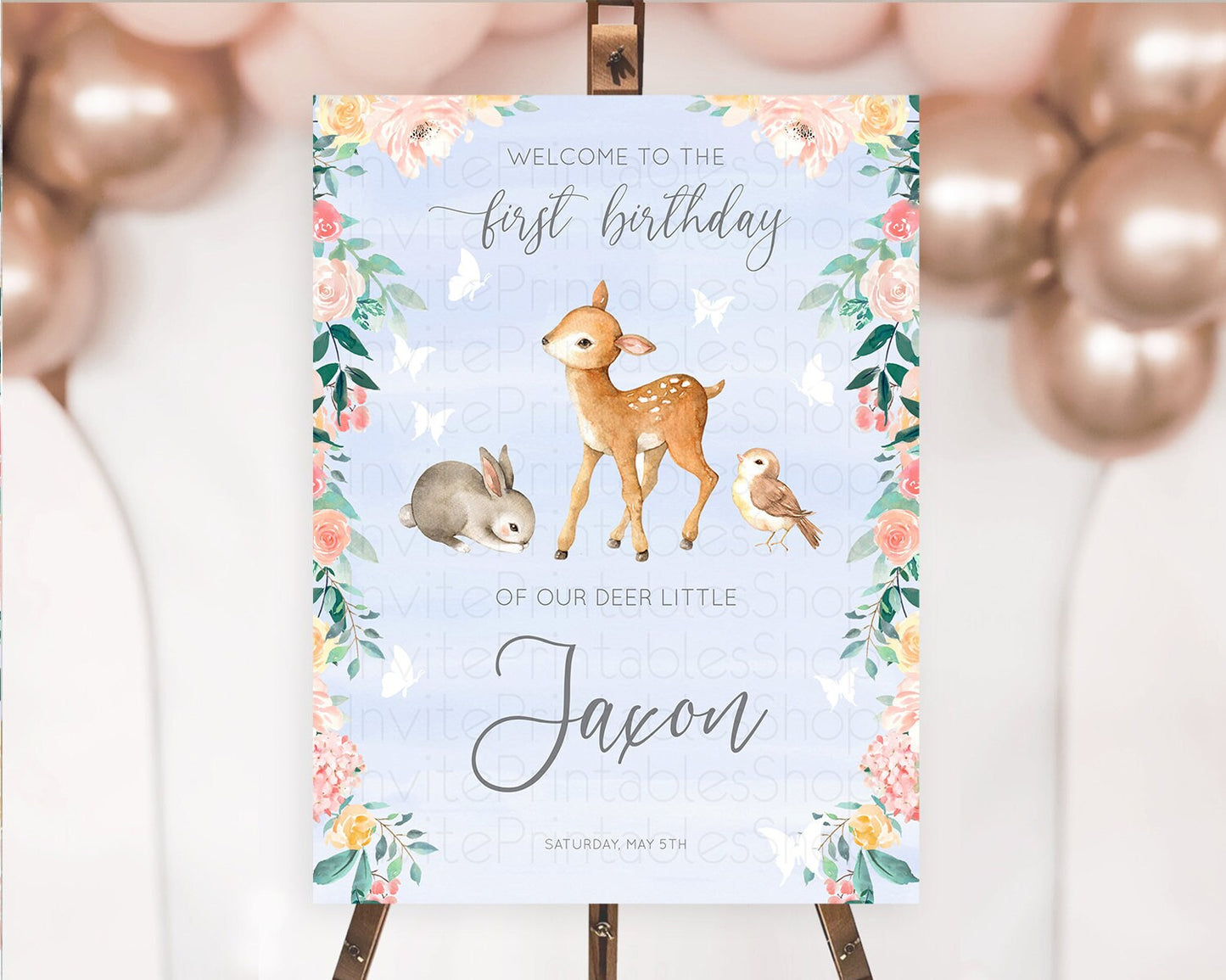 Fawn Welcome Sign Deer Welcome Board Floral Deer Welcome Poster Enchanted Forest Butterfly Pastel Floral First Birthday Welcome Sign D10920