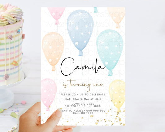 Balloon Birthday Invitation Pastel Birthday Invitation Pastel Balloon Invites Colorful Pastel Rainbow Balloon 3rd 2nd First Birthday D10776