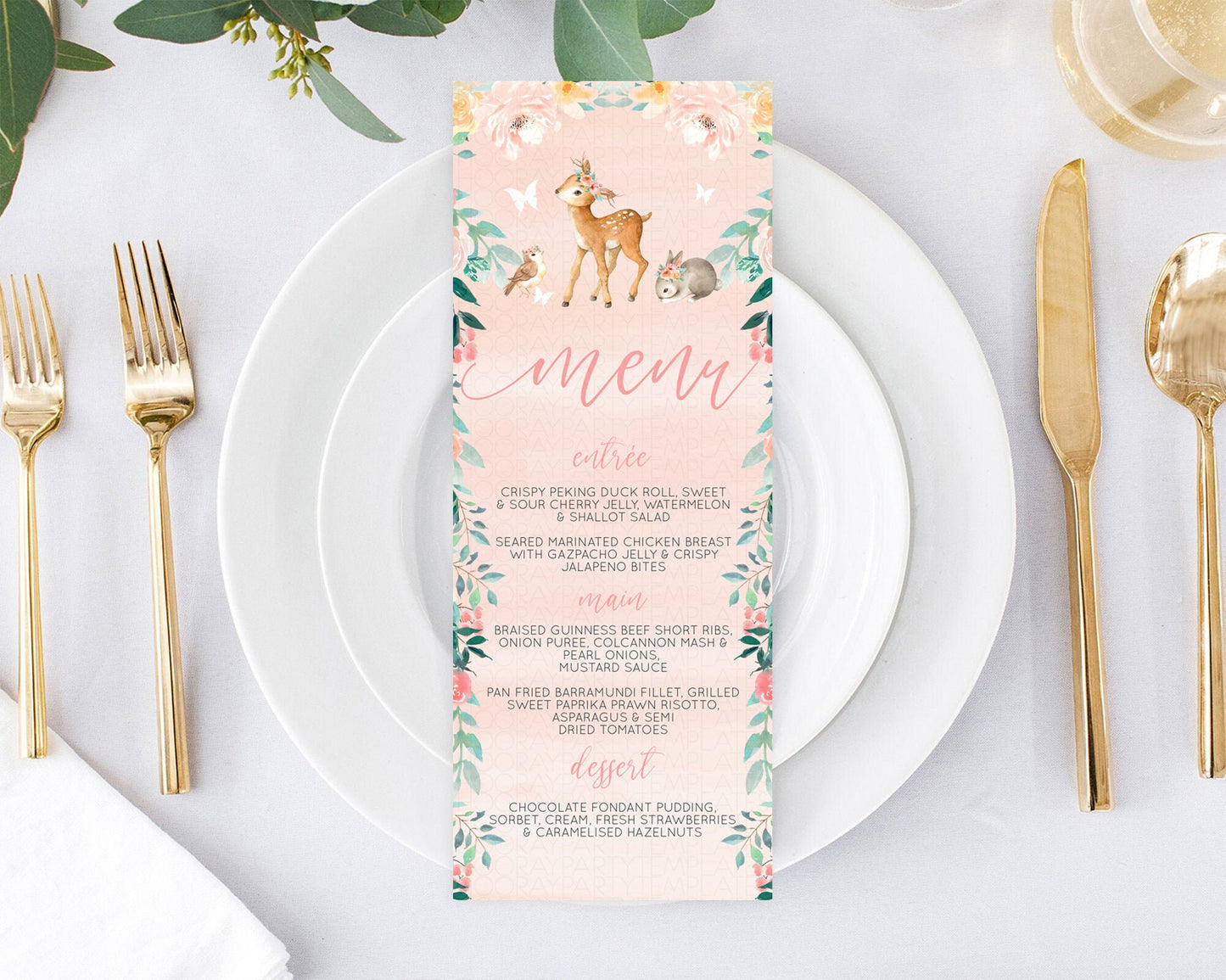 Fawn Menu Deer Menu Template Pastel Floral Deer Table Decor Enchanted Forest Butterfly Floral Dinner Dessert Menu Party Food Menu D10921