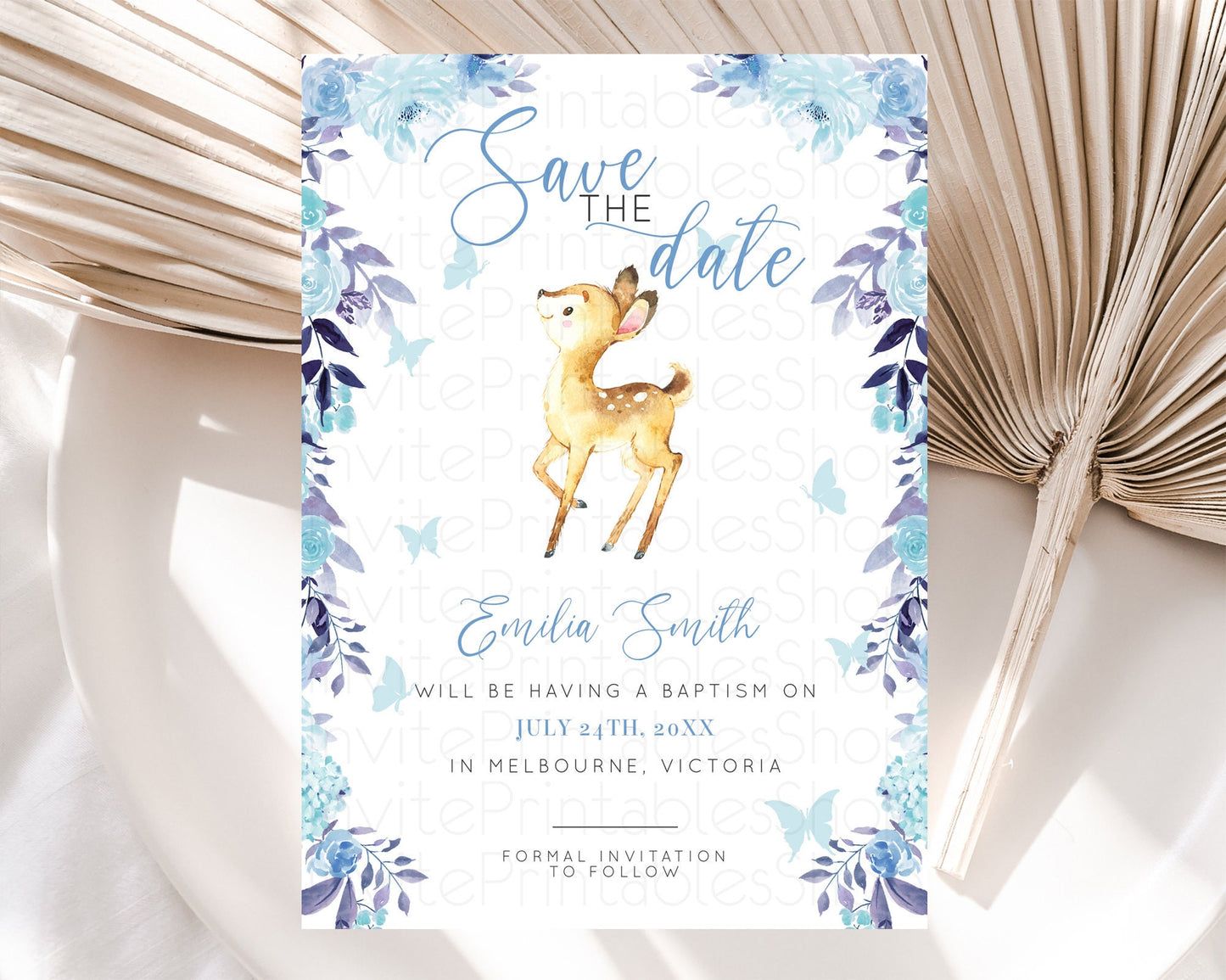 Fawn Deer Save The Date Template Pastel Floral Deer Enchanted Forest Butterfly Party 1st Birthday Baptism Baby Shower Bridal Shower D10917