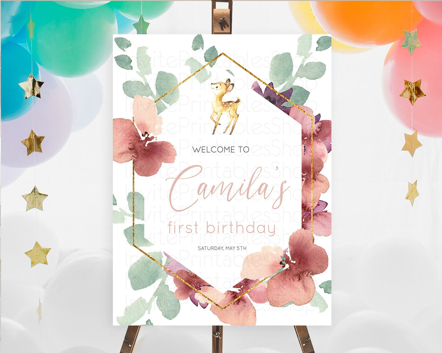 Fawn Welcome Sign Deer Welcome Board Floral Deer Welcome Poster Enchanted Forest Butterfly Pastel Floral First Birthday Welcome Sign D10915