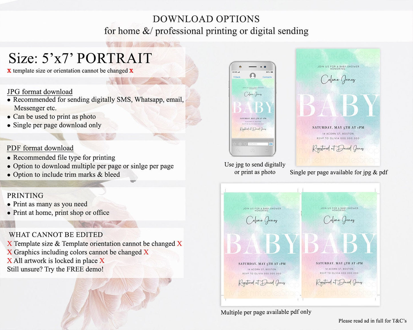 Pastel Rainbow Baby Shower Invitation: Colorful Watercolor with Gold Glitter and Ombre, Clouds - Blue Green Pink Theme Gender Reveal D10375