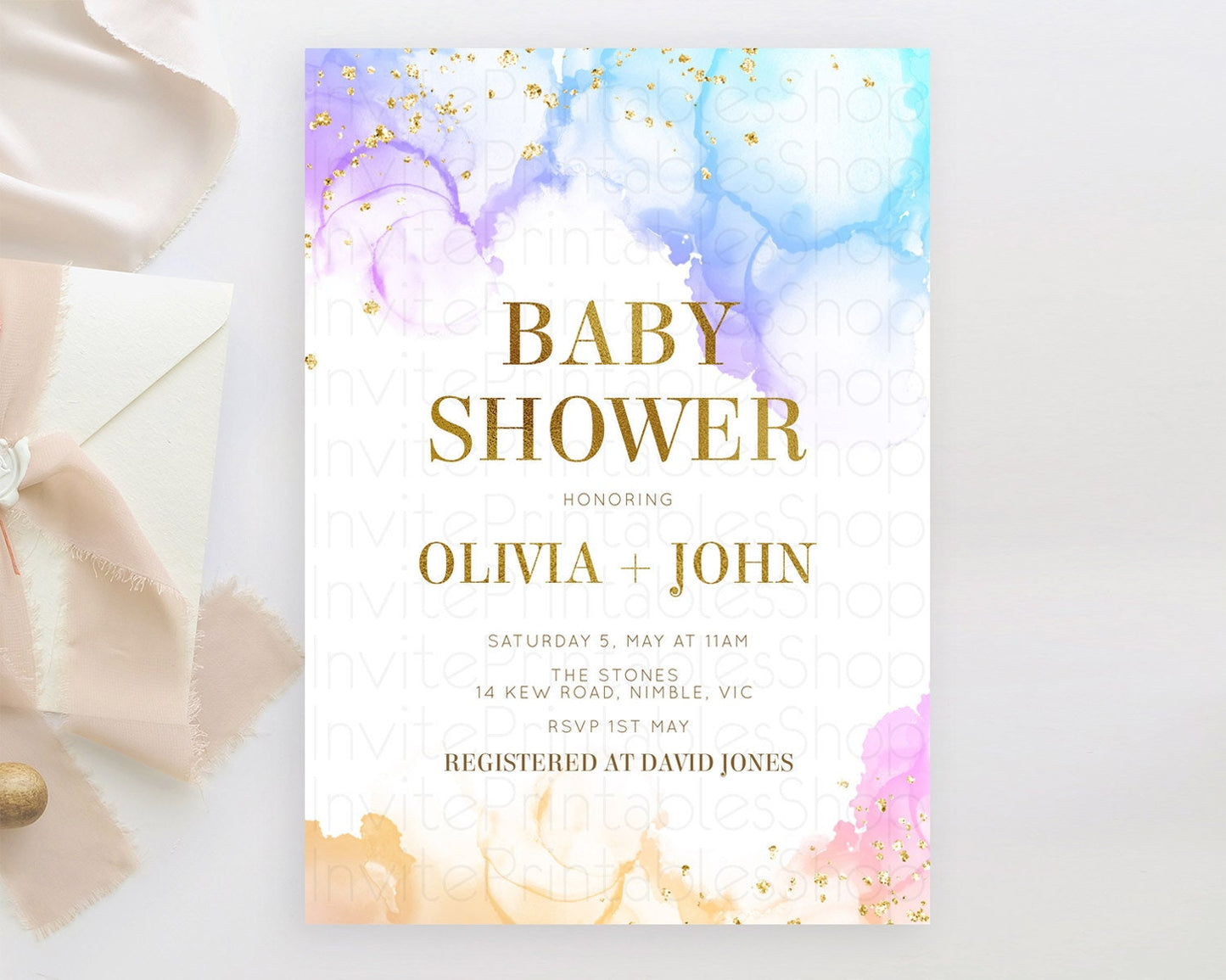 Pastel Baby Shower Invitation Rainbow Baby Shower Invitation Colorful Pastel Watercolor Invitation Gold Glitter Sprinkles Ombre D11018