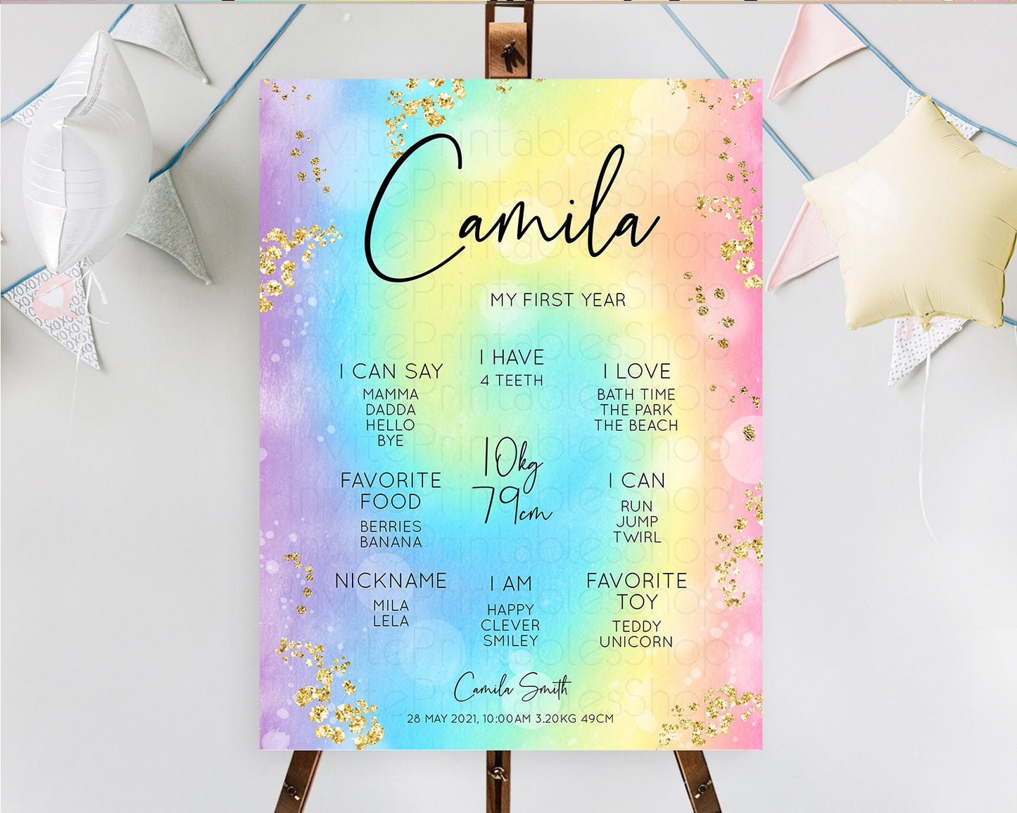 Pastel First Birthday Milestone Board Pastel Rainbow Milestone Poster Colorful Confetti Watercolor Glitter 1st Birthday Welcome Sign D10568