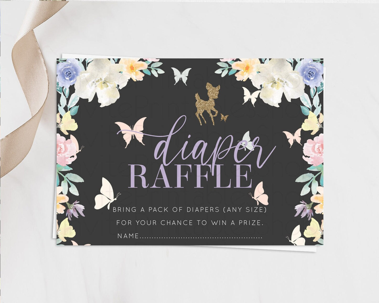 Fawn Diaper Raffle Card Deer Diaper Insert Floral Deer Diaper Ticket Enchanted Forest Butterfly Pastel Baby Shower Raffle Game D10323