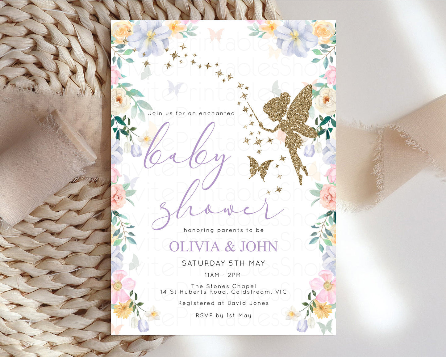 Fairy Baby Shower Invitation Fairy Garden Baby Shower Invitation Enchanted Garden Baby Shower Secret Garden Glitter Pastel Color Floral F513