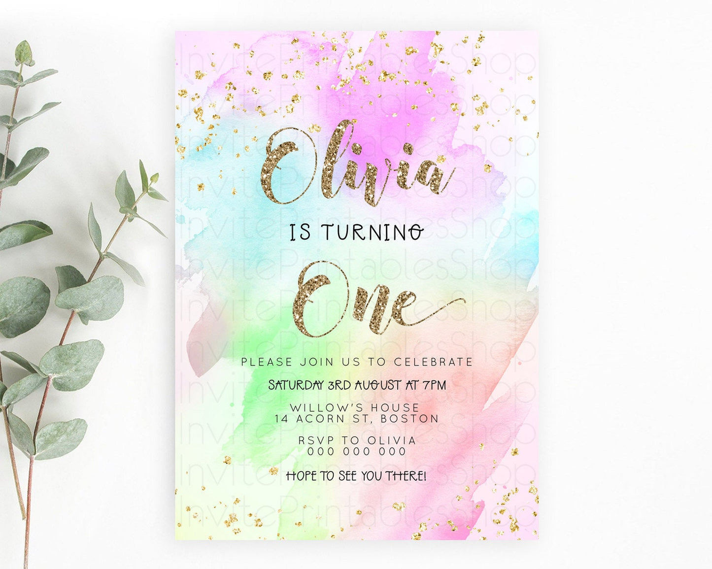 Rainbow Birthday Invitation Colorful Pastel Watercolor Invitation Gold Glitter Sprinkles Ombre Pastel 1st 2nd 3rd Birthday D23303