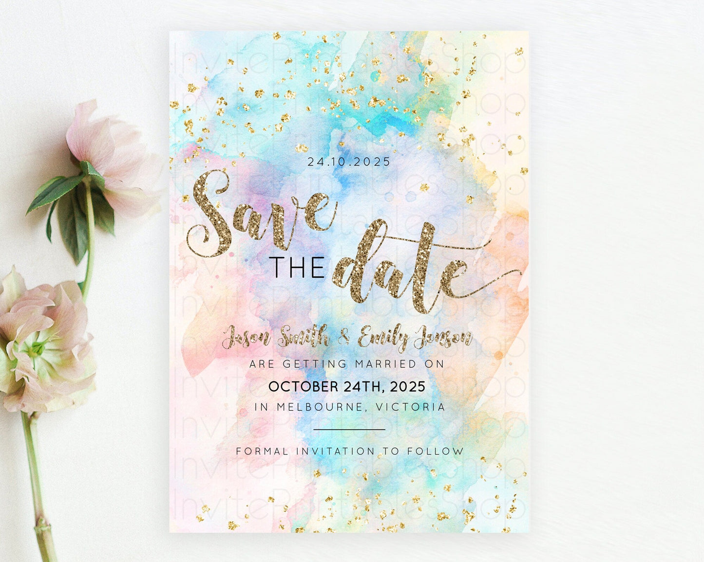 Pastel Save The Date Template Pastel Ombre Rainbow Watercolor Colorful Party For Birthday Baptism Baby Shower Wedding Bridal Shower D10261