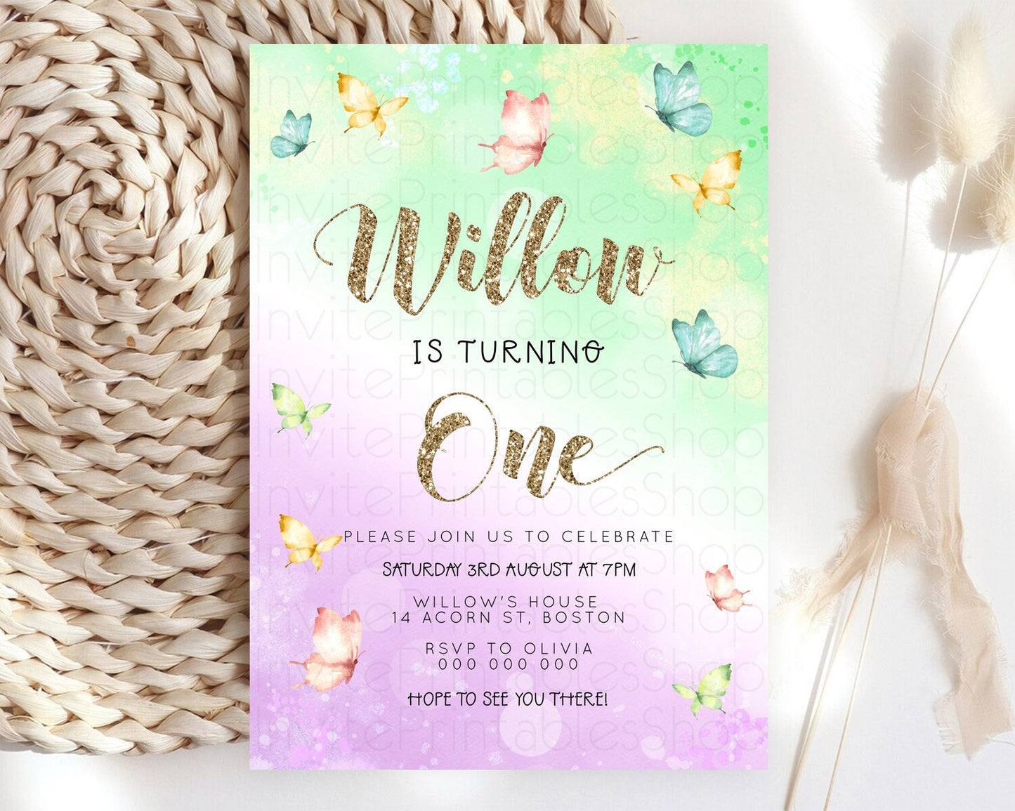 Pastel Butterfly Birthday Invitation Butterfly Birthday Invitation Colorful Splash Glitter Butterfly Garden 1st 2nd Birthday D23085