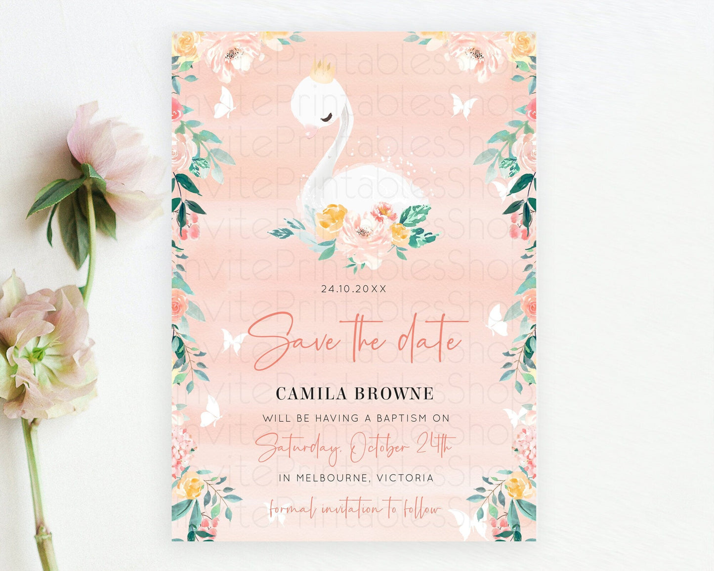 Swan Save The Date Template Swan Princess Ballet Party Enchanted Swan Lake Secret Garden Pastel Floral Birthday Baptism Baby Shower D10884