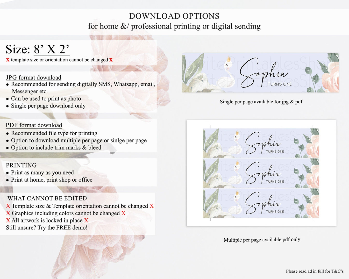 Swan Water Label Template Swan Princess Ballet Party Decor Enchanted Secret Garden Pastel Floral Birthday Baptism Baby Shower D10756