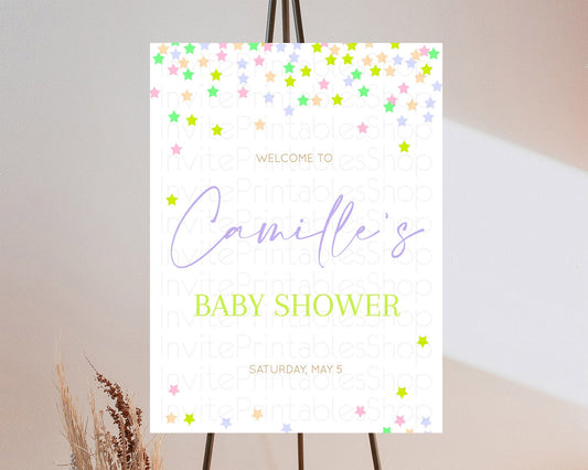 Star Baby Shower Welcome Board Pastel Stars Welcome Sign Shooting Star Rainbow Colorful Confetti Twinkle Little Star Welcome Sign D10396