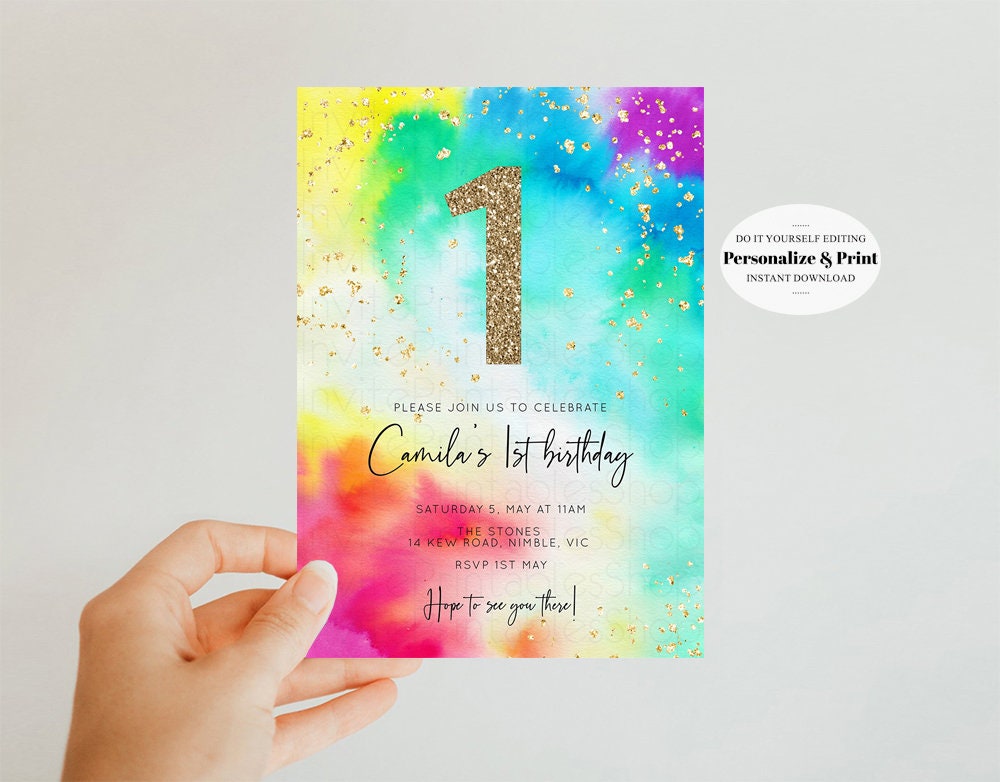 Tie Dye Rainbow Birthday Invitation Colorful Pastel Invitation Ombre Watercolor Invite Splash Gold Glitter Sprinkles Invite