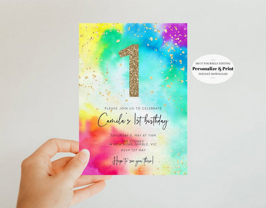 Tie Dye Rainbow Birthday Invitation Colorful Pastel Invitation Ombre Watercolor Invite Splash Gold Glitter Sprinkles Invite