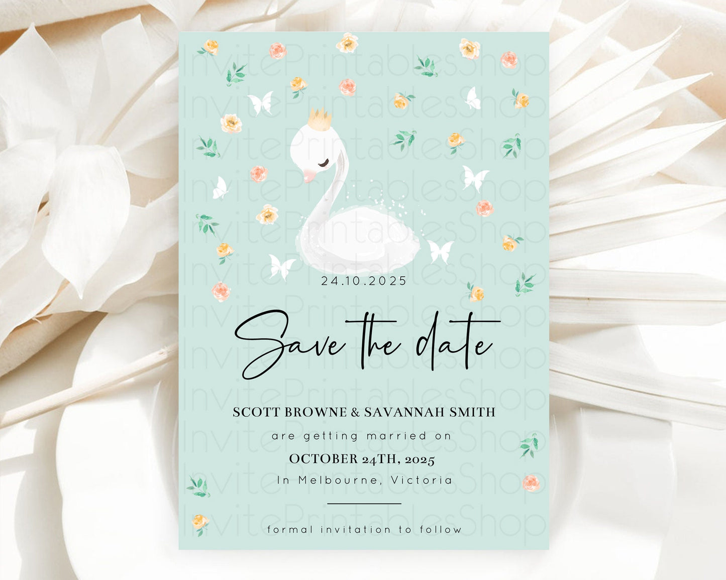 Swan Save The Date Template Swan Princess Ballet Party Enchanted Swan Lake Secret Garden Pastel Floral Birthday Baptism Baby Shower  D10905