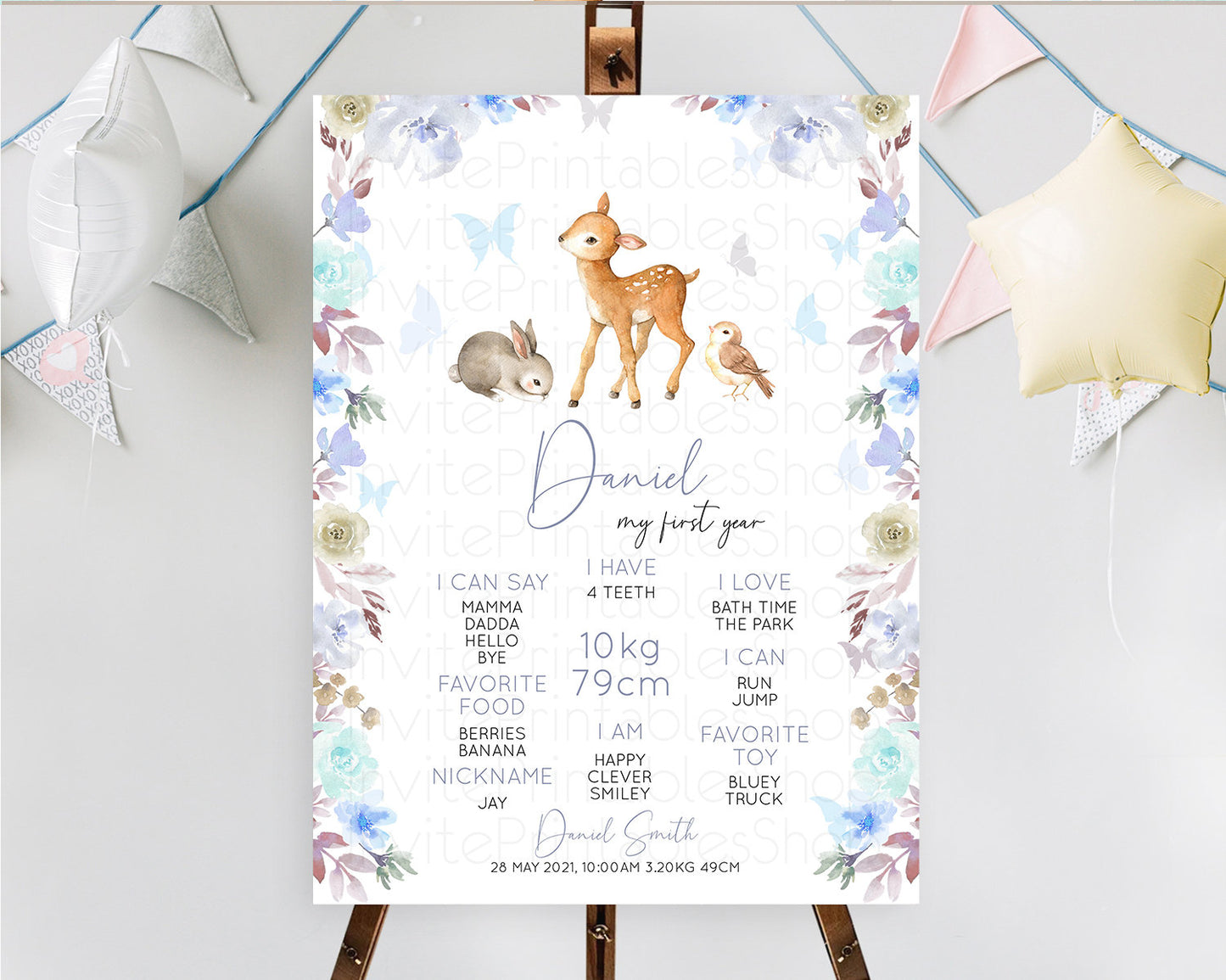 Fawn First Birthday Milestone Board Deer First Birthday Milestone Poster Enchanted Forest Butterfly Pastel Flowers 1st Birthday Sign D10929