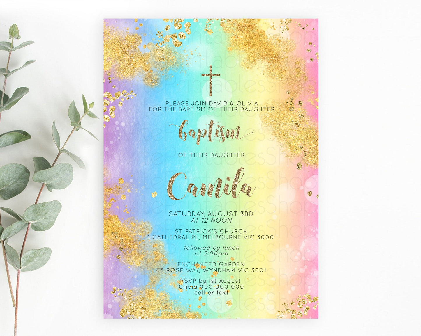 Pastel Baptism Invitation Pastel Colors Watercolor Baptism 1st Birthday Party Gold Ombre Pastel Rainbow Christening Holy Communion D10561