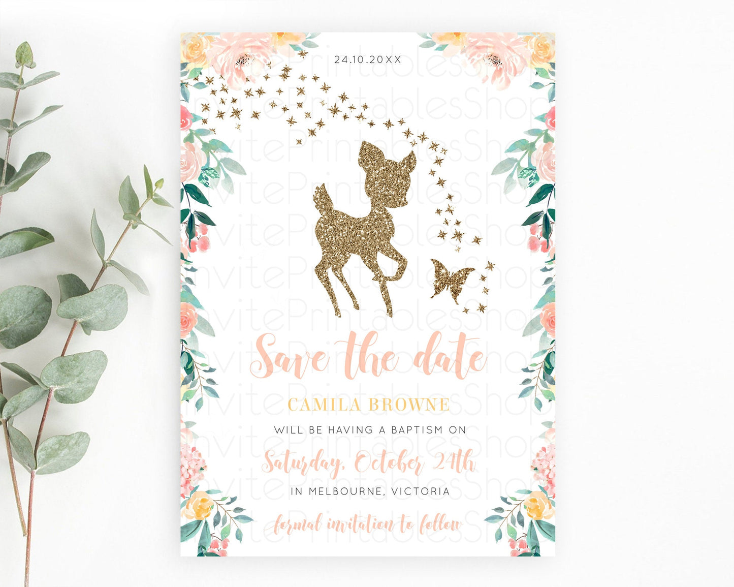 Fawn Deer Save The Date Template Pastel Floral Deer Enchanted Forest Butterfly Party 1st Birthday Baptism Baby Shower Bridal Shower D10874