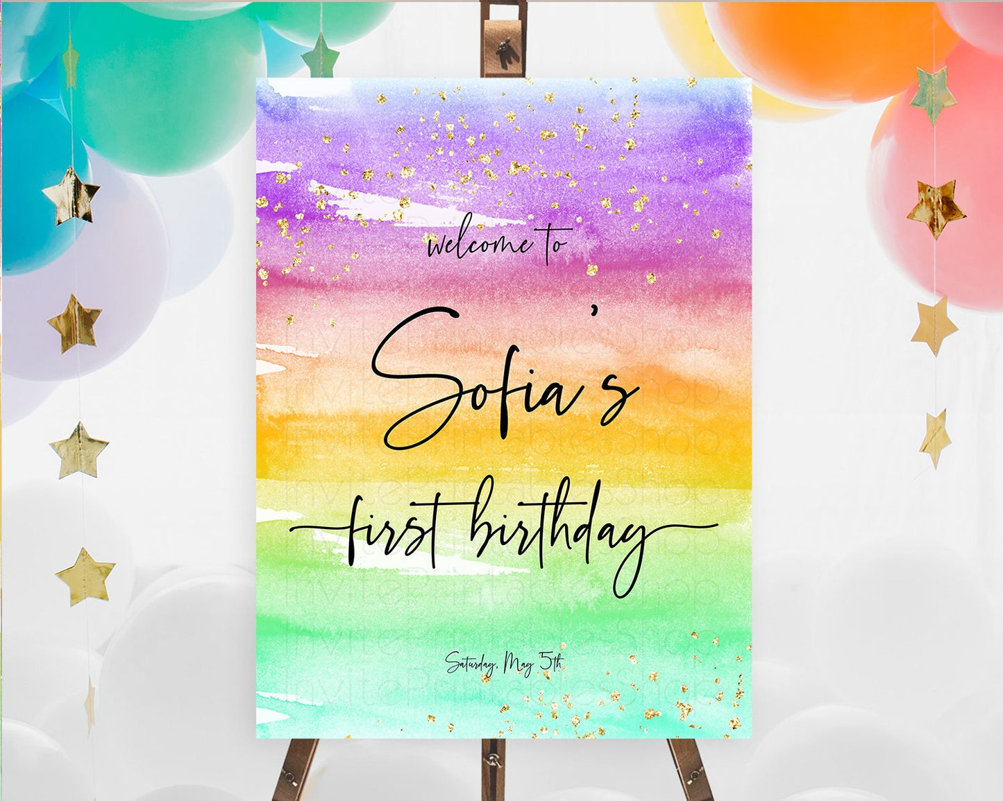 Pastel Welcome Sign Pastel Rainbow Welcome Sign Colorful Rainbow Confetti Watercolor Glitter Pastel First Birthday Welcome Sign D10524