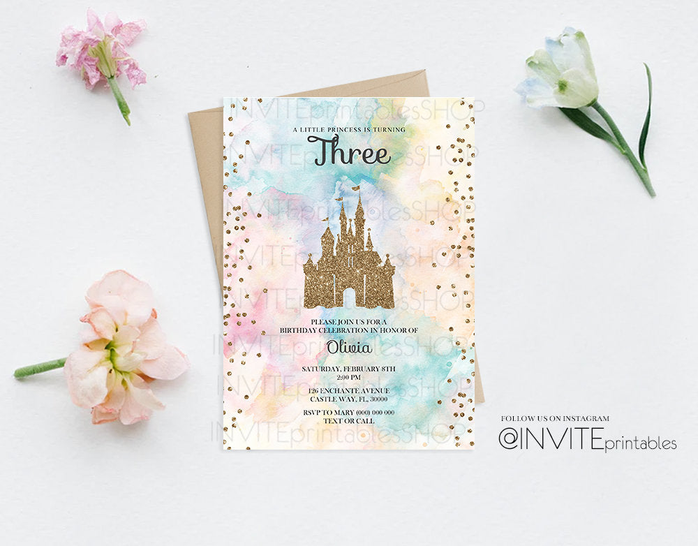 Princess Birthday Invitation Castle Birthday Invitation Rainbow Watercolor Invitation Gold Glitter Confetti Sprinkles Royal Edit Template