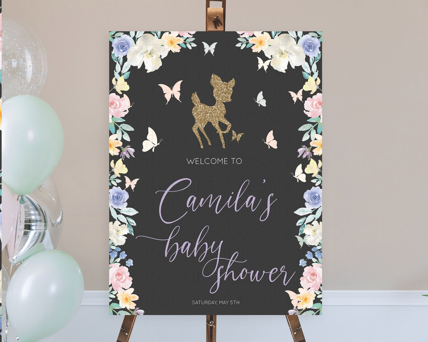 Fawn Baby Shower Welcome Sign Deer Welcome Board Floral Deer Welcome Poster Enchanted Forest Butterfly Pastel Floral Welcome Sign D10323