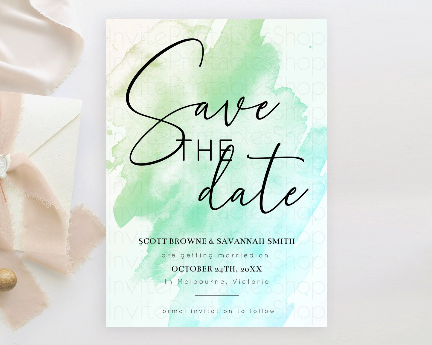 Green Watercolor Save The Date Template Ombre Green Watercolor Splash Party 1st Birthday Baby Shower Wedding Baptism Bridal Shower D10166