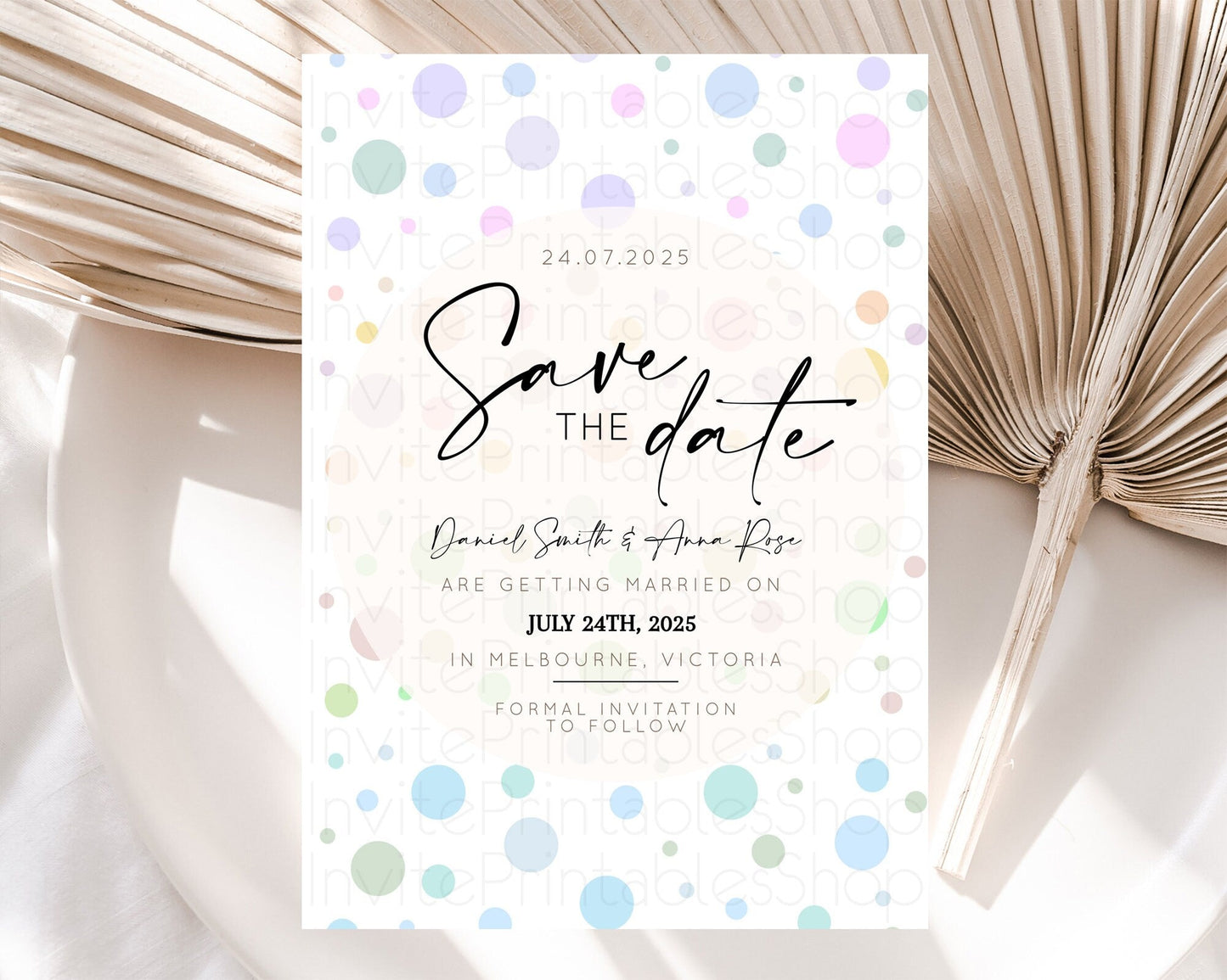 Pastel Confetti Save The Date Template Rainbow Colorful Sprinkles Party For 1st Birthday Baptism Baby Shower Wedding Bridal Shower D10135