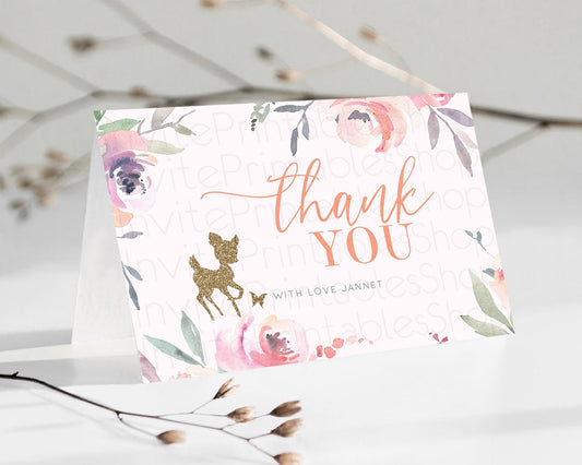 Editable Fawn Thank You Deer Thank You Card Pastel Floral Deer Birthday Than