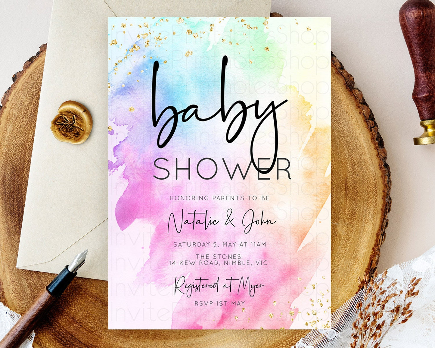 Pastel Rainbow Baby Shower Invitation, Watercolor Splash, Gold Confetti Sprinkles, Colorful Ombre Pink, Yellow, Green, Orange D10449