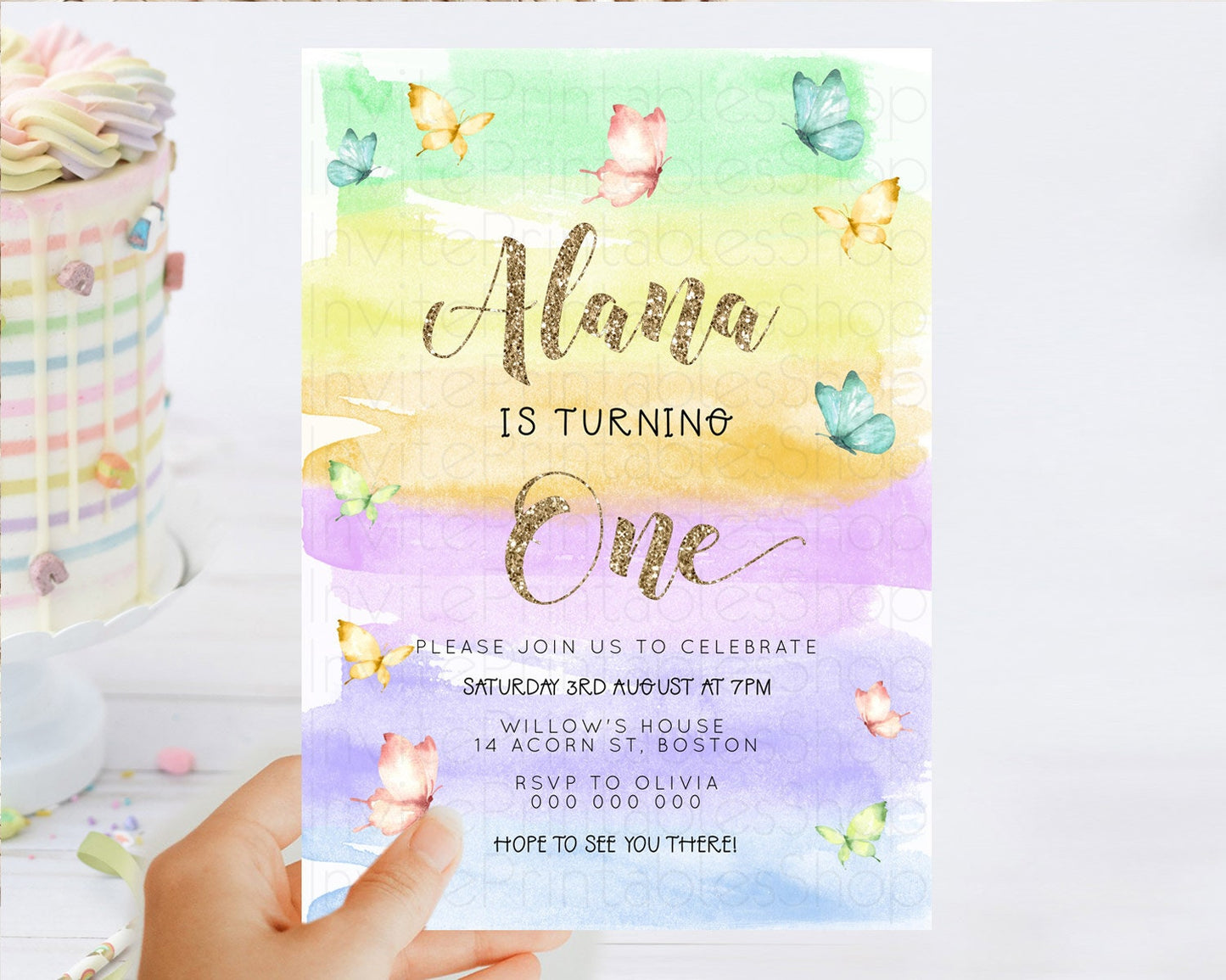Pastel Butterfly Birthday Invitation Butterfly Birthday Invitation Colorful Splash Glitter Butterfly Garden 1st 2nd Birthday D23228