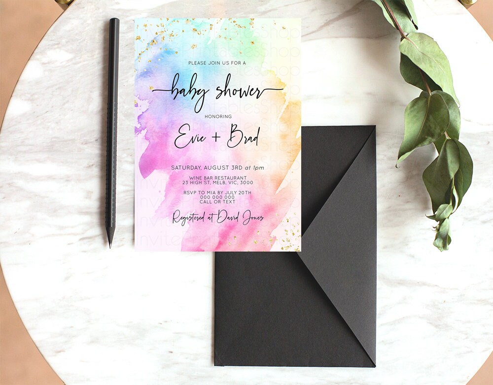 Rainbow Baby Shower Invitation Pastel Watercolor Invitation Colorful Splash Invite Gold Sprinkles Invite Gold Glitter Confetti Invite 504