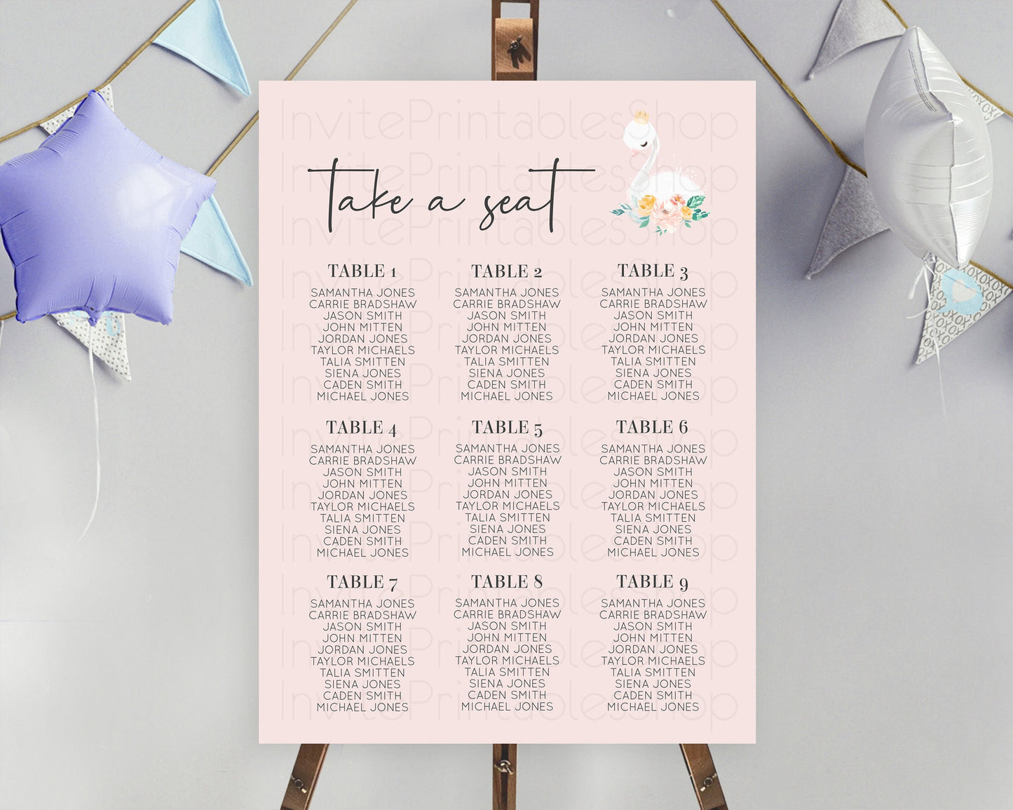 Swan Seating Chart Swan Princess Ballet Seating Sign Watercolour Pastel Floral Enchanted Forest Swan Lake Party Decor Secret Garden D10388