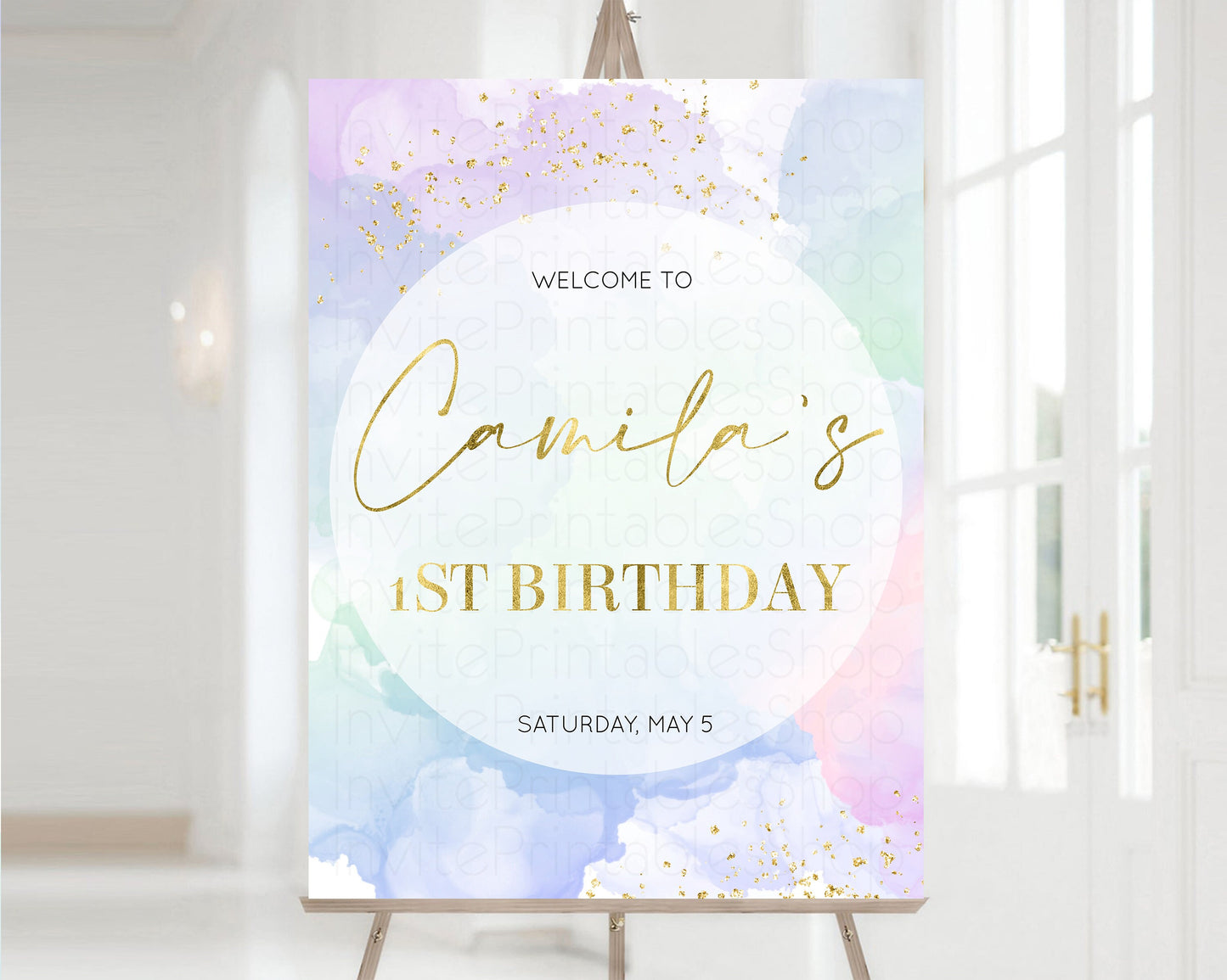 Rainbow Welcome Sign Pastel Watercolor Welcome Board Gold Glitter Confetti Colorful Splash Party Entry Sign 1st Birthday Poster 599v2