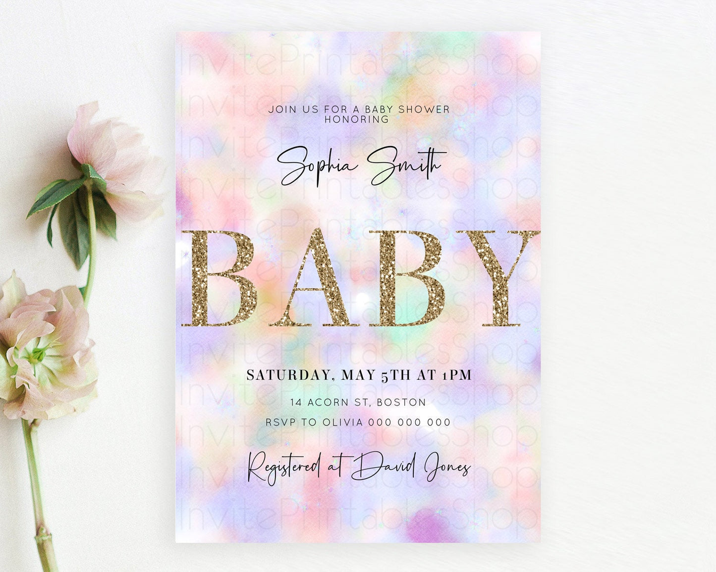 Pastel Baby Shower Invitation Rainbow Baby Shower Invitation Colorful Pastel Watercolor Invitation Gold Glitter Sprinkles Ombre D10697